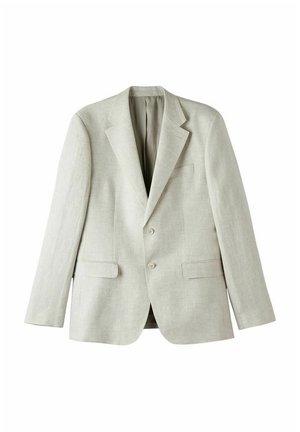 Hellgrauer Leinenblazer mit einreihigem Design, zwei frontalen Taschen und zwei Knöpfen. Verfügt über einen Reverskragen und eine glatte Textur.