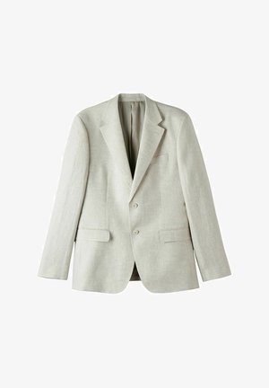 Hellgrauer Leinenblazer mit einreihigem Design, zwei frontalen Taschen und zwei Knöpfen. Verfügt über einen Reverskragen und eine glatte Textur.