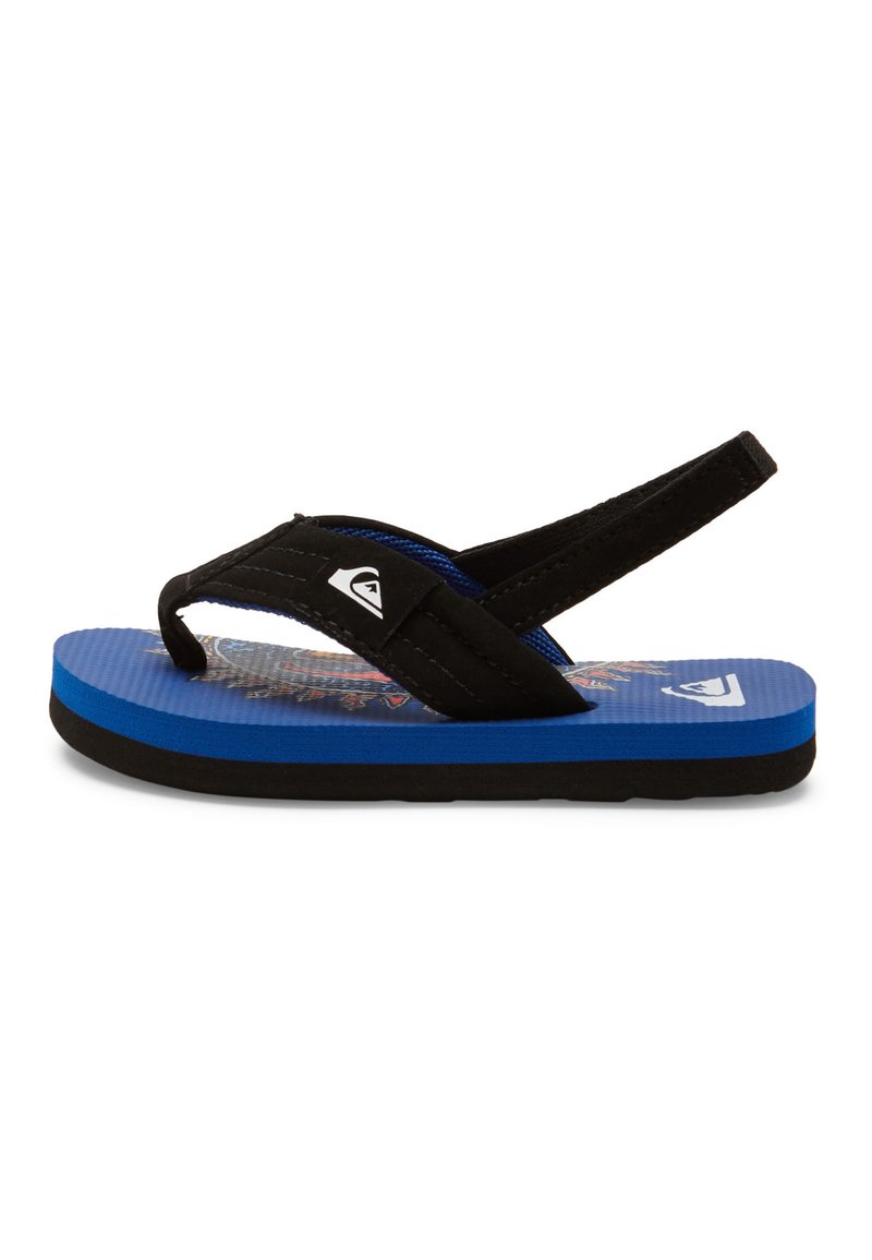 Mustikka flip-flop, jossa on sininen teksturoitu pohja, värikäs graafinen kuvio, musta kangasrihmat ja musta kumipohja.