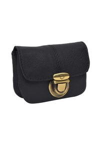 Black leather pouch with a curved flap, featuring a metallic brass clasp. Textured surface with visible stitching and a compact rectangular shape.