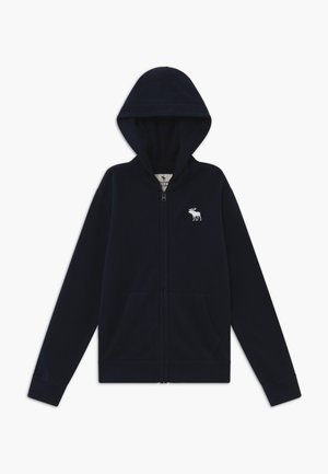 Marineblauer Reißverschluss-Hoodie mit Kängurutasche, Kapuze und einem gestickten Elch-Logo auf der Brust. Weicher Stoff mit sauberer Verarbeitung.
