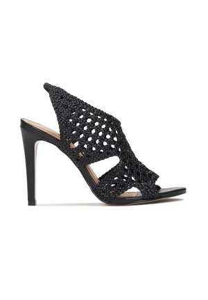 Sort højhælede sandaler med vævet overdel, åben tå design og stiletto hæl. Har et detaljeret mønster og glat sål.
