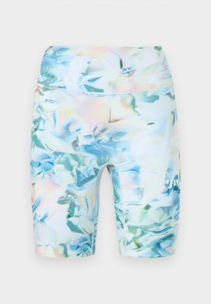 Aukštos juosmens dviratininkų šortai, pagaminti iš tamprios medžiagos, su permatomu mėlynu ir pastelinių gėlių raštu, be siūlių kraštai ir iki vidurinės šlaunų ilgio.