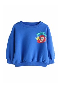 Sweat-shirt bleu avec col et poignets côtelés. Présente un graphisme d'Ariel et de Polochon du film "La Petite Sirène". Tissu doux, coupe ample.