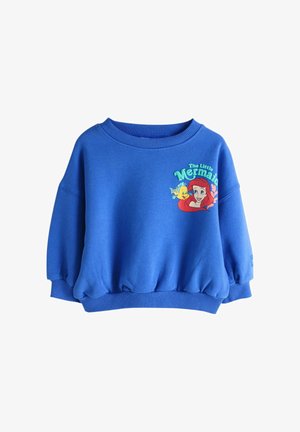 Hanorac albastru cu guler și manșete cu rețea. Prezintă un grafic cu Ariel și Flounder din „Mica Sirenă”. Material moale, croială lejeră.