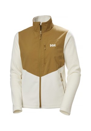 Fleece-Jacke mit einem oberen Abschnitt in Beige und einem unteren Abschnitt in Weiß, ausgestattet mit einem Reißverschluss vorne, hohem Kragen und einem Logo auf der Brust.