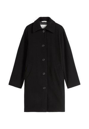 Black wool coat with a collar, button front, two side pockets, and loose fit. Features a smooth texture and classic silhouette.