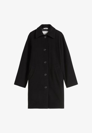 Manteau en laine noir avec un col, une fermeture à boutons, deux poches latérales et une coupe décontractée. Présente une texture lisse et une silhouette classique.