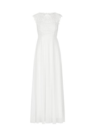 Robe longue blanche avec un corsage en dentelle ajusté et un motif floral au niveau du col, jupe en tissu doux et fluide. Design sans manches.
