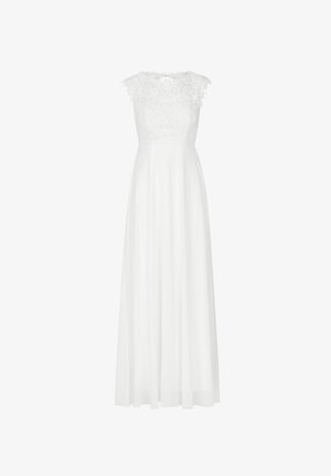 Witte lange jurk met een aansluitende kanten lijfje en bloemenpatroon bij de halslijn, vloeiende zachte stoffen rok. Mouwloos design.