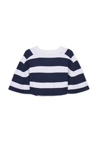 Gestreiftes Cropped-Top in Marineblau und Weiß mit weiten Ärmeln, rundem Ausschnitt und geripptem Material. Das Design hebt die horizontalen Streifen hervor.