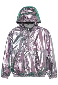 Metalická fialová anorak s kapucí, půlzipem vpředu, elastickými manžetami a přední kapsou. Hladká textura s lesklým povrchem.