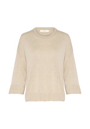Beiger, locker sitzender Pullover mit Rundhalsausschnitt, Dreiviertelärmeln, gerippter Textur und einem subtilen Strickmuster. Weicher Stoff.