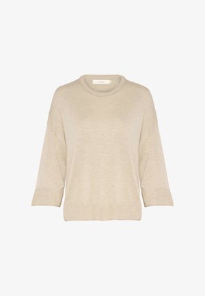 Maglione beige morbido e ampio con collo rotondo, maniche a tre quarti, texture a coste e un delicato motivo a maglia. Tessuto soffice.