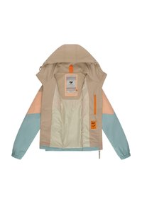 Lätt jacka med en beige kropp, blå och persikofärgade ärmar, samt en orange ficka med dragkedja. Har en huva och en mönstrad innertagg.