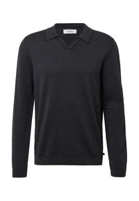 Zwart polotrui met lange mouwen, gemaakt van gestructureerde stof, met een V-hals en contrasterende kraag, en een rechte zoom.