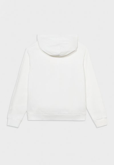 Sweat à capuche blanc vu de dos, manches longues, tissu uni, aucun logo ni motif visible, posé à plat sur un fond clair.