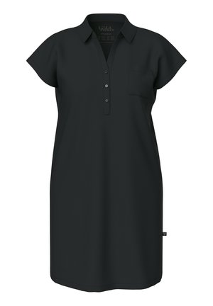 Zwarte polojurk met een voorste placket, korte capmouwen, een enkele borstzak en een rechte zoom. Gemaakt van een soepele, lichte stof.
