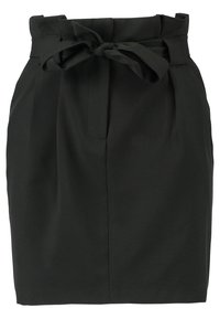 Svart kjol i slät tyg, med en knuten bälte vid midjan, veckad fram och rak silhuett. Inga fickor.