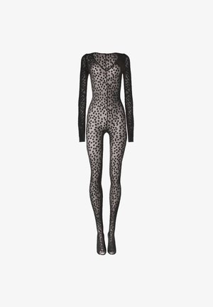 Body noir à manches longues en matière transparente avec un motif à pois, coupe ajustée et décolleté plongeant en V.