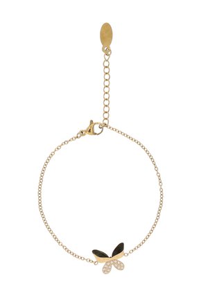 Delikatna złota bransoletka z łańcuszkiem i zawieszką w kształcie motyla, posiadającą czarną emalię i małe przejrzyste kamienie szlachetne, regulowane zapięcie z przedłużką.