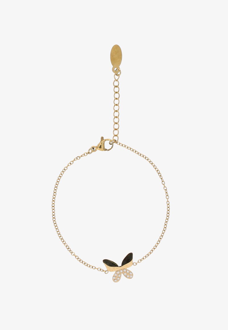 Delicate gouden armband met een ketting en een vlindertje als bedel, voorzien van zwart email en kleine, heldere edelstenen, verstelbare sluiting met verlengketting.
