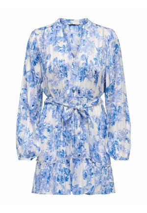 White mini dress with blue floral print, long puffed sleeves, buttoned front, V-neck, waist tie, and ruffled hem.