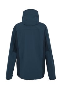 Veste imperméable bleu marine avec capuche, manches longues et panneaux latéraux plus foncés, vue de dos sur fond blanc.