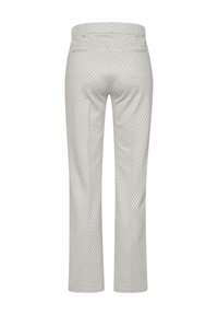 Hellgraue Hose mit einem strukturierten Rautenmuster, geradem Schnitt und zwei Gesäßtaschen. Der Stoff ist glatt und hat eine taillierte Verarbeitung.