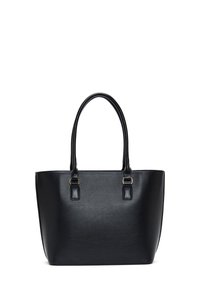 Sac fourre-tout en simili cuir noir avec deux anses, de forme rectangulaire, texture lisse et accents en métal.