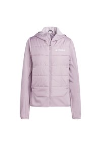 Giacca Terrex viola chiaro con frontale trapuntato, cappuccio, chiusura con zip e tasche laterali, caratterizzata da una texture di tessuto liscia.