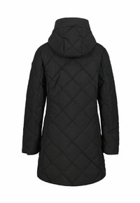 Zwarte, gequiltte parka met een capuchon. Beschikt over diagonale stiksels, zijzakken en een middellange snit. Gladde textuur en lichtgewicht materiaal.