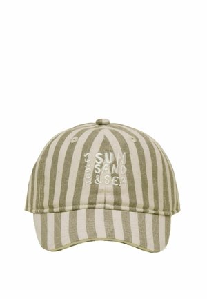 Șapcă de baseball cu dungi verticale bej și albe, cu text brodat „TOUCES SUN SAND & SEA” pe panoul frontal.