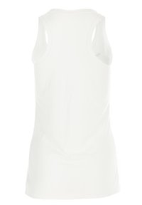 Weißes ärmelloses Tanktop aus weichem Stoff, mit runder Halslinie und weiten Armausschnitten. Keine sichtbaren Muster oder Akzente.