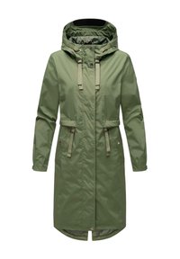 Płaszcz przeciwdeszczowy do kolan w kolorze oliwkowej zieleni z kapturem ze ściągaczem, przednim zamkiem błyskawicznym, dwoma kieszeniami i regulowanym pasem. Gładki, wodoodporny materiał.