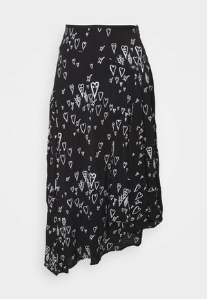 Black midi skirt with white hand-drawn heart patterns, featuring an asymmetrical hem and a gathered side detail.