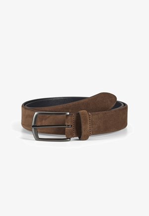 Brown suede belt with a smooth texture, featuring a silver-tone metal buckle and a classic design. Ends taper to a rounded shape.