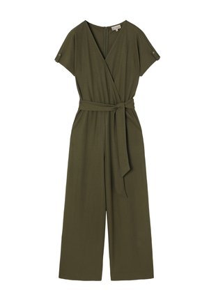 Mono de estilo envolvente color verde oliva con mangas cortas, cintura ceñida con cinturón, silueta de pierna ancha y cierre con cremallera en la parte posterior.