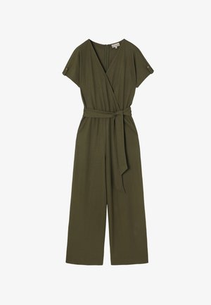Olijfgroene jumpsuit in wikkelstijl met korte mouwen, een ceintuur in de taille, een wijde pijp en een ritsluiting aan de achterkant.