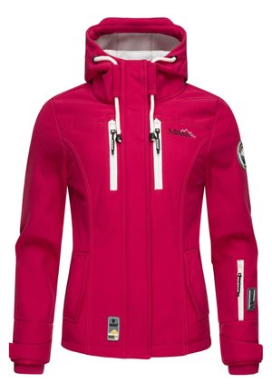 Giacca softshell fucsia con colletto alto, cappuccio regolabile, tasche con zip e accenti bianchi in contrasto. Presenta una toppa con logo.
