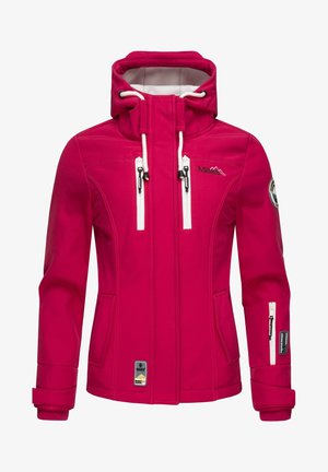 Fuksia softshell-jakke med høy krage, justerbar hette, glidelåslommer og kontrasterende hvite detaljer. Har et logo-patch.