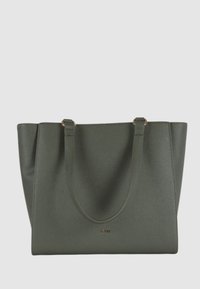 Borsa tote verde scuro realizzata in materiale testurizzato, con due manici robusti e un logo dorato sulla parte frontale. Design semplice e strutturato.