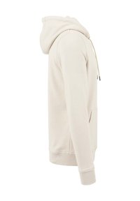 Lichtbeige hoodie met een trekkoord, kangoeroezak, geribbelde manchetten en zoom, gemaakt van zacht, getextureerd stof; minimalistisch ontwerp.