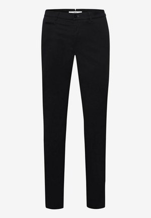 Black slim-fit trousers made of durable fabric, featuring a classic design with a front pocket and a zip fly closure.