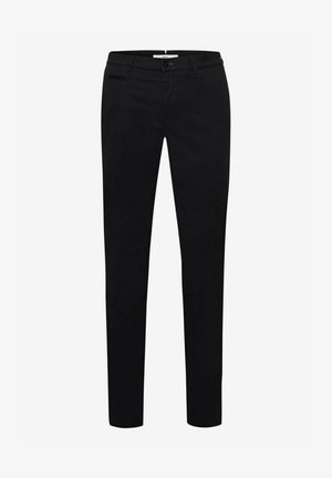Schwarze schmal geschnittene Hosen aus strapazierfähigem Stoff, mit klassischem Design, einer vorderen Tasche und einem Reißverschluss.