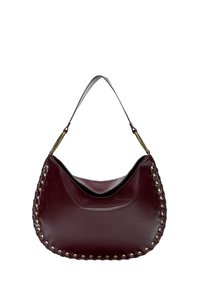 Burgundy leather handbag with a curved shape, featuring gold-tone studs along the edge and a single adjustable strap. Smooth texture.