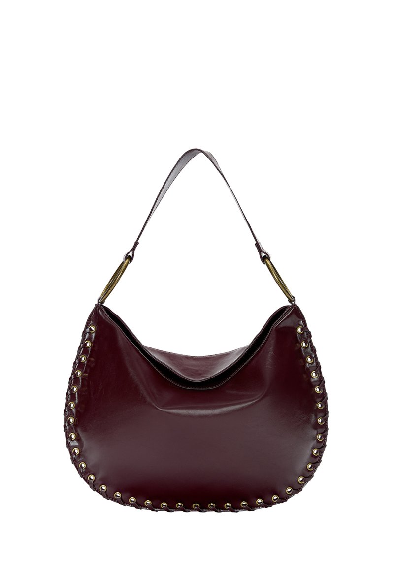 Burgundy leather handbag with a curved shape, featuring gold-tone studs along the edge and a single adjustable strap. Smooth texture.