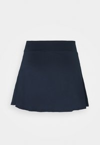 Falda atlética azul marina con cinturilla elástica ancha y ligero vuelo, exhibida sobre un fondo blanco liso.
