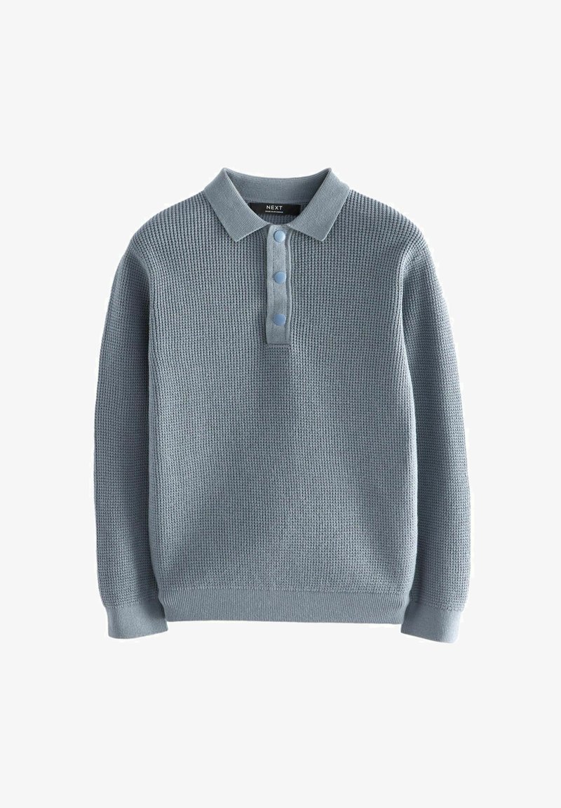 Pullover lavorato a maglia azzurro chiaro con scollatura a colletto, chiusura a tre bottoni e polsini e orlo a costine. Pattern a nido d'ape testurizzato su tutta la superficie.