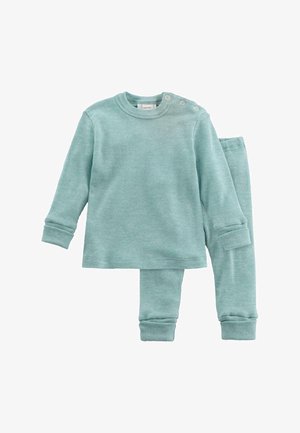 Baumwoll-Zweiteiler in hellem Teal, bestehend aus einem Langarmoberteil mit rundem Halsausschnitt und Druckknöpfen, kombiniert mit passenden Hosen.